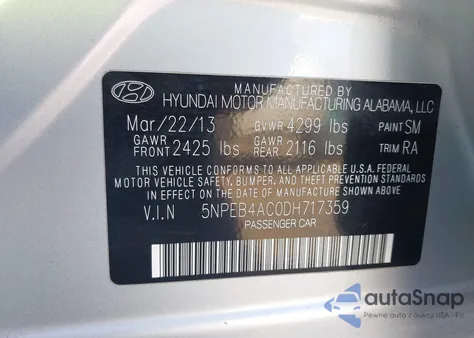 2013 Hyundai Sonata Gls z USA, uszkodzony, nr VIN 5NPEB4AC0DH717359